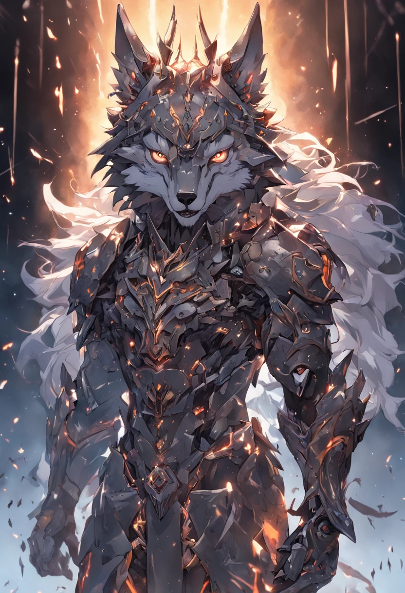maximum quality, Dramatic lighting, menacing pose, fierce expression, epic atmosphere, (((wolf head shaped helmet))), (((full body shot))),a wolf made out of metal, cyborg, cyberpunk style, clockwork, ((intricate details)), hdr, ((intricate details, hyperdetailed)), incandescent lamps, cinematic shot, vignette, bokeh effect beckground, (canines), (full body shot).