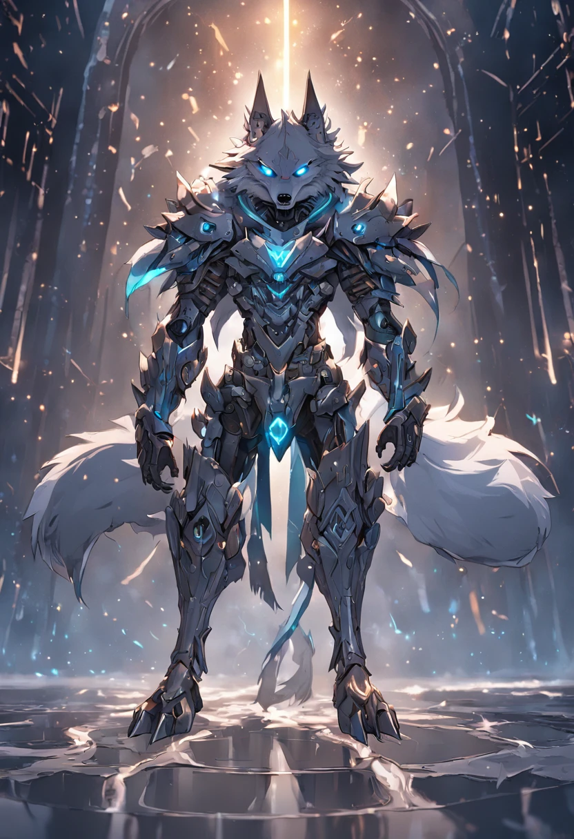 maximum quality, Dramatic lighting, menacing pose, fierce expression, epic atmosphere, (((wolf head shaped helmet))), (((full body shot))),a wolf made out of metal, cyborg, cyberpunk style, clockwork, ((intricate details)), hdr, ((intricate details, hyperdetailed)), incandescent lamps, cinematic shot, vignette, bokeh effect beckground, (canines), (full body shot).
