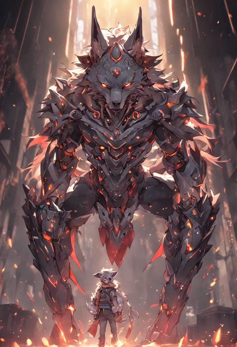 maximum quality, Dramatic lighting, menacing pose, fierce expression, epic atmosphere, (((wolf head shaped helmet))), (((full body shot))),a wolf made out of metal, cyborg, cyberpunk style, clockwork, ((intricate details)), hdr, ((intricate details, hyperdetailed)), incandescent lamps, cinematic shot, vignette, bokeh effect beckground, (canines), (full body shot).