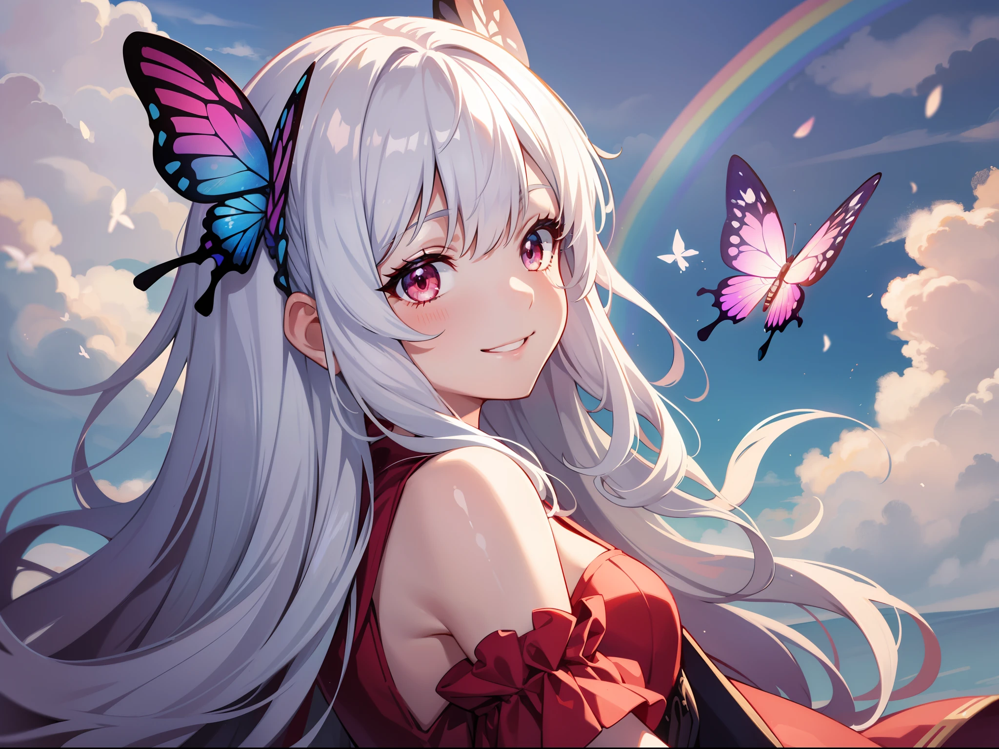 one-girl, On the white clouds, Sea of Clouds, rainbowing, white color hair, red color eyes, Princess dress, long hair, bangs, drill hair, butterfly hair ornament, smile, anime style, 8k, ccurate, masterpiece, super detail, best quality