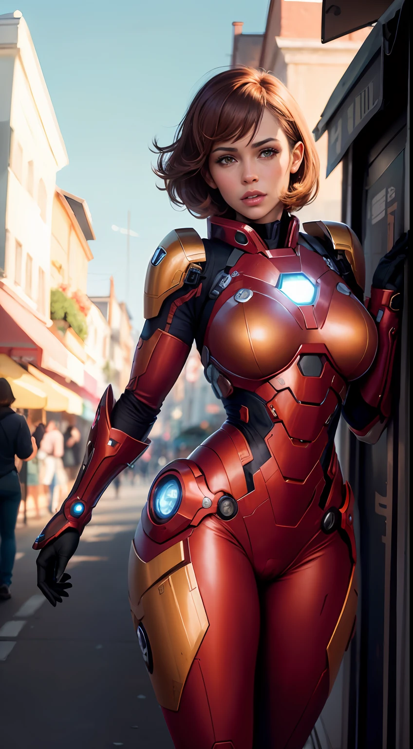 Rhianna as Iron Man, bustling street, (inspired by Mass Effect), Iron Man suit, safety rating, breast enlargement, fat buttocks, leather pants wrapped around hips (8k, foto raw, fotorrealista: 1, 25), (muito brilho labial, very many eyelashes, melhor qualidade, ultra high-resolution, profundidade de Campo, chromatic aberration, Luz Ampla, Cor Natural, distant images (1:2)