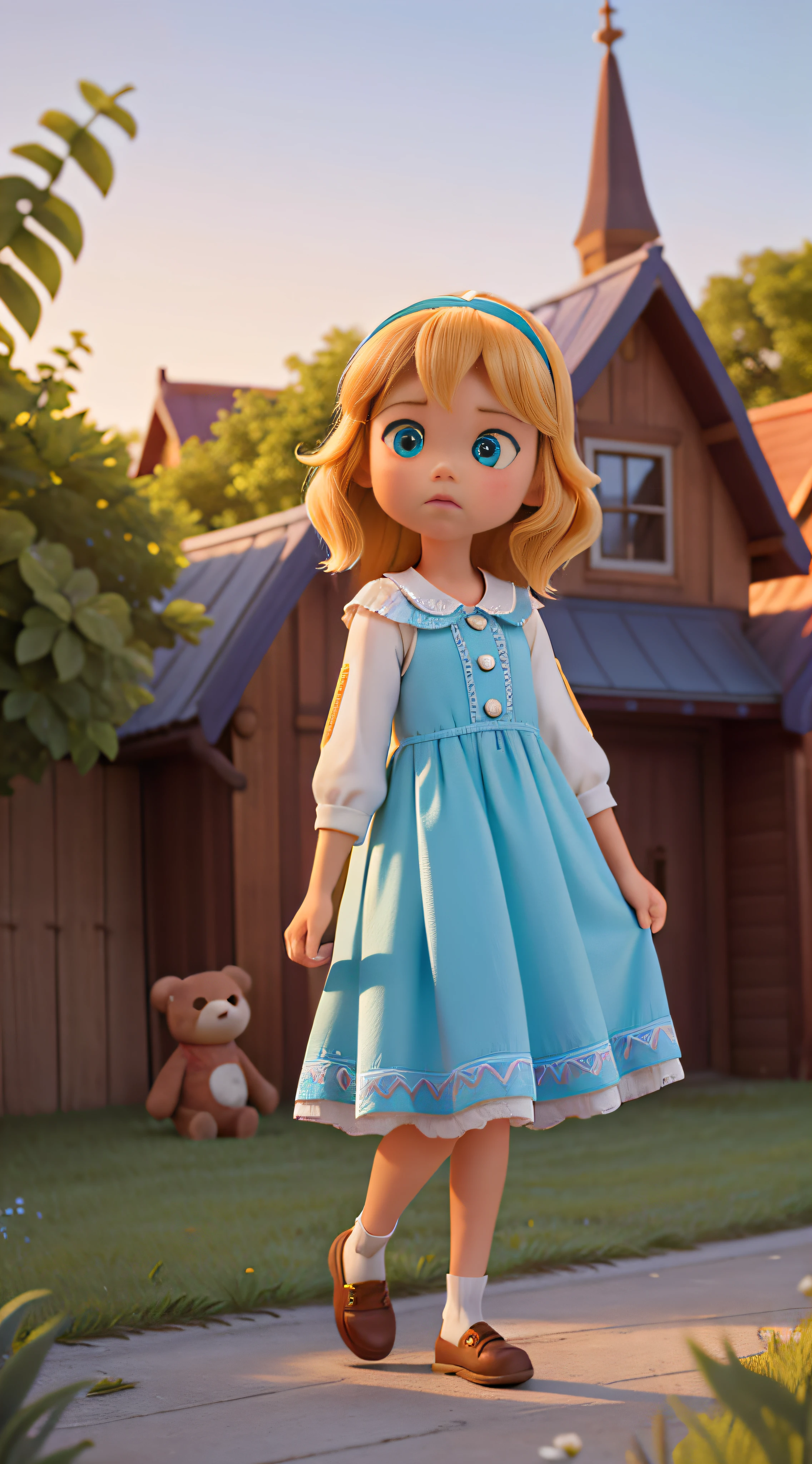 Create an enchanting illustration capturing the heart of Chapter 1: 'Lilly the Bear is Missing!' In this image, depict a serene, picturesque town bathed in the warm, golden glow of the setting sun. In the foreground, prominently feature a young girl, Dalivia, who is just three years old. She possesses golden blonde hair that shimmers in the fading light and deep, inquisitive blue eyes filled with wonder.
Dalivia is dressed in a vibrant, sky-blue dress that dances with the hues of twilight. On her head, a vivid green hairband keeps her locks neatly in place. She stands in the midst of the town, her expression a mix of determination and worry, clutching an empty space where her cherished teddy bear, Lilly, should be.
Convey the emotion and urgency of the moment as Dalivia embarks on her quest to find Lilly. The atmosphere should be tinged with a sense of mystery and adventure, setting the stage for the captivating tale that unfolds in Chapter 1