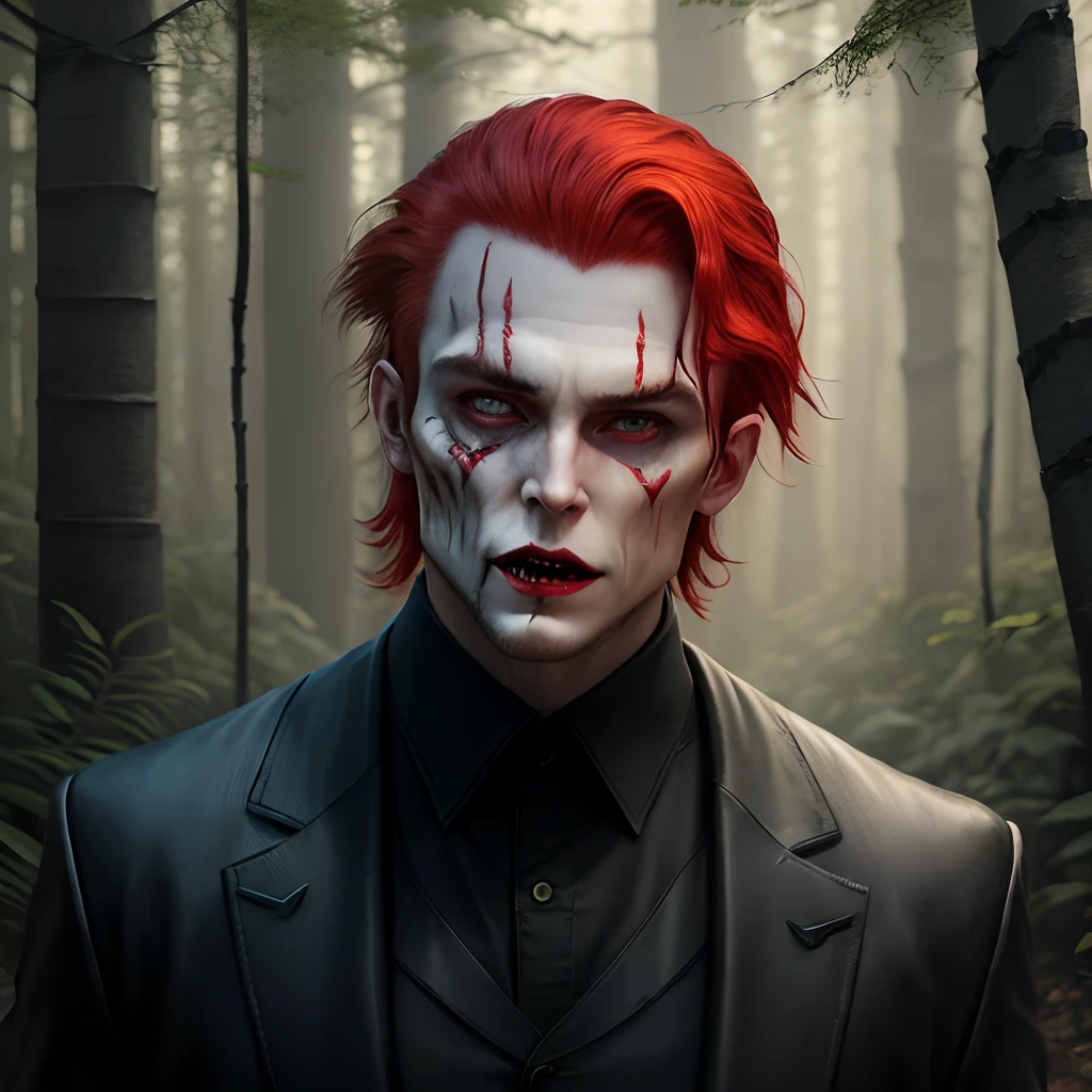 Tall vampire with red hair in a black outfit with a psychopath's face in a dark forest super realistic and well detailed