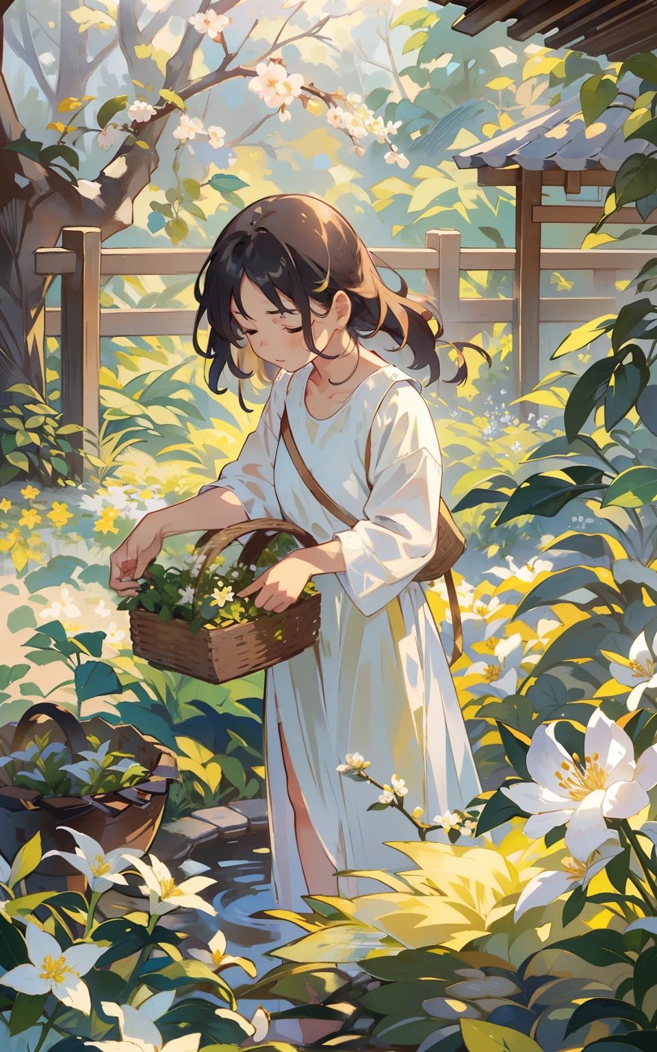 A tea-picking girl in the Jasmine Garden: In a jasmine garden,A tea-picking girl wears a fresh white dress,Holding a tea basket in his hand,She crouched next to the tea tree,Gently picking the tender green tea leaves。Surrounded by the fragrance of jasmine flowers and the smell of green tea,The whole scene is full of fragrance and tranquility。