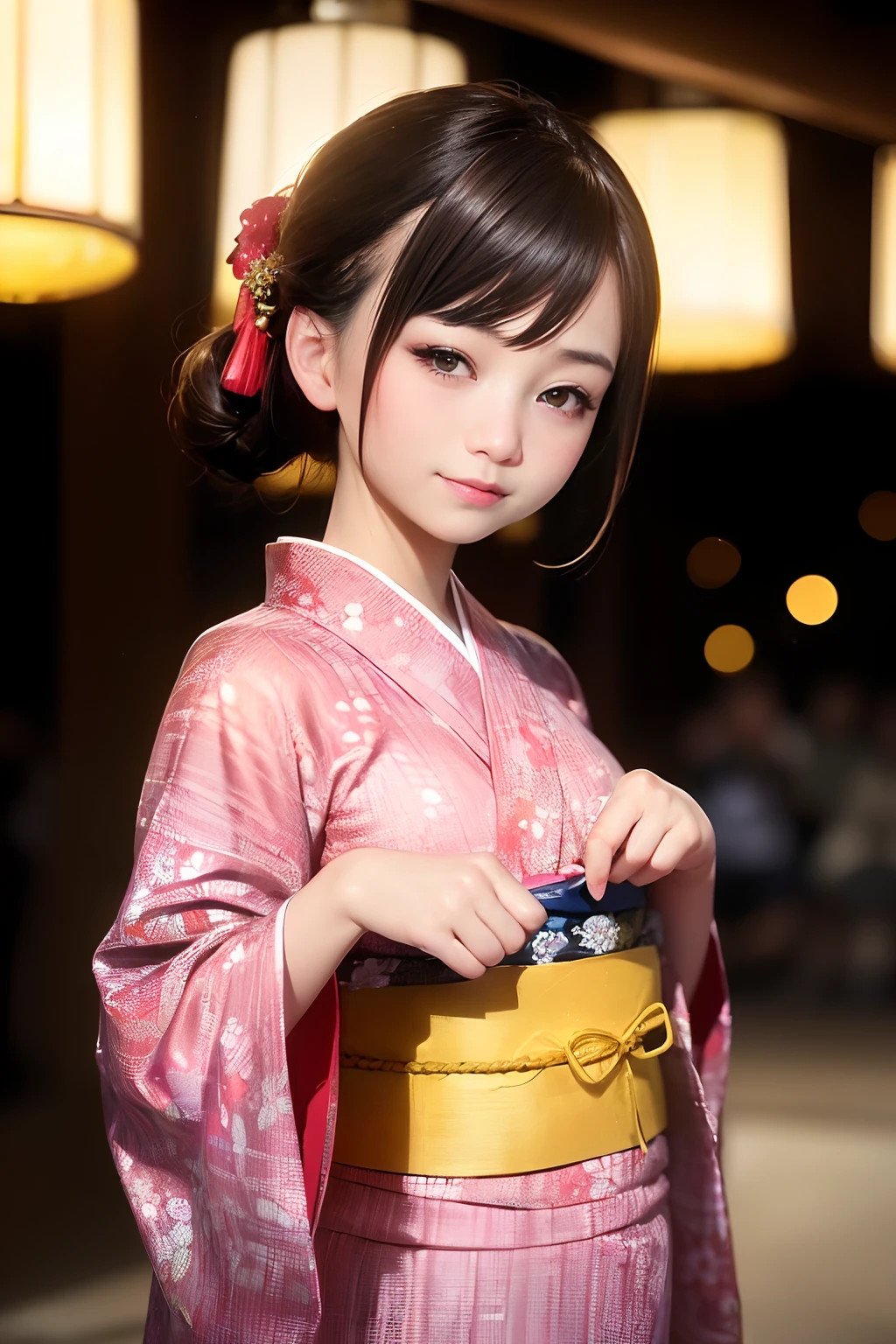 Upper body from the waist up、Are sleeping、nap、(Sleeping with your eyes closed)、(4In K、masterpiece、hight resolution、Realistic and beautiful light and shadow、One girl、Solo Focus、(top-quality)、(Hi-Res)、(extremely delicate and beautiful)、(Beautiful 8k face)、(Brown-eyed)、(I close my eyes while smiling.)、(独奏)、(Clear skin)、(Soft hair)、(hugetits)、(Plaid kimono, Red and blue floral yukata)、((Awa Odori Pose))、((Bokeh lantern light night background))、((speedo))、(reality)、thin and small nose、(red lipsticks)、(Reddening cheeks)、poneyTail、(Lustrous skin)、((Ukiyo-e style))、Ultra-thin eyebrows、Ultra high image quality、(Wearing maiko-style makeup)、skin whitening、long and beautiful lashes、Turning around in the style of a Kyoto magazine model、((s asleep))、Lustrous skin、(Red-dyed cheeks)