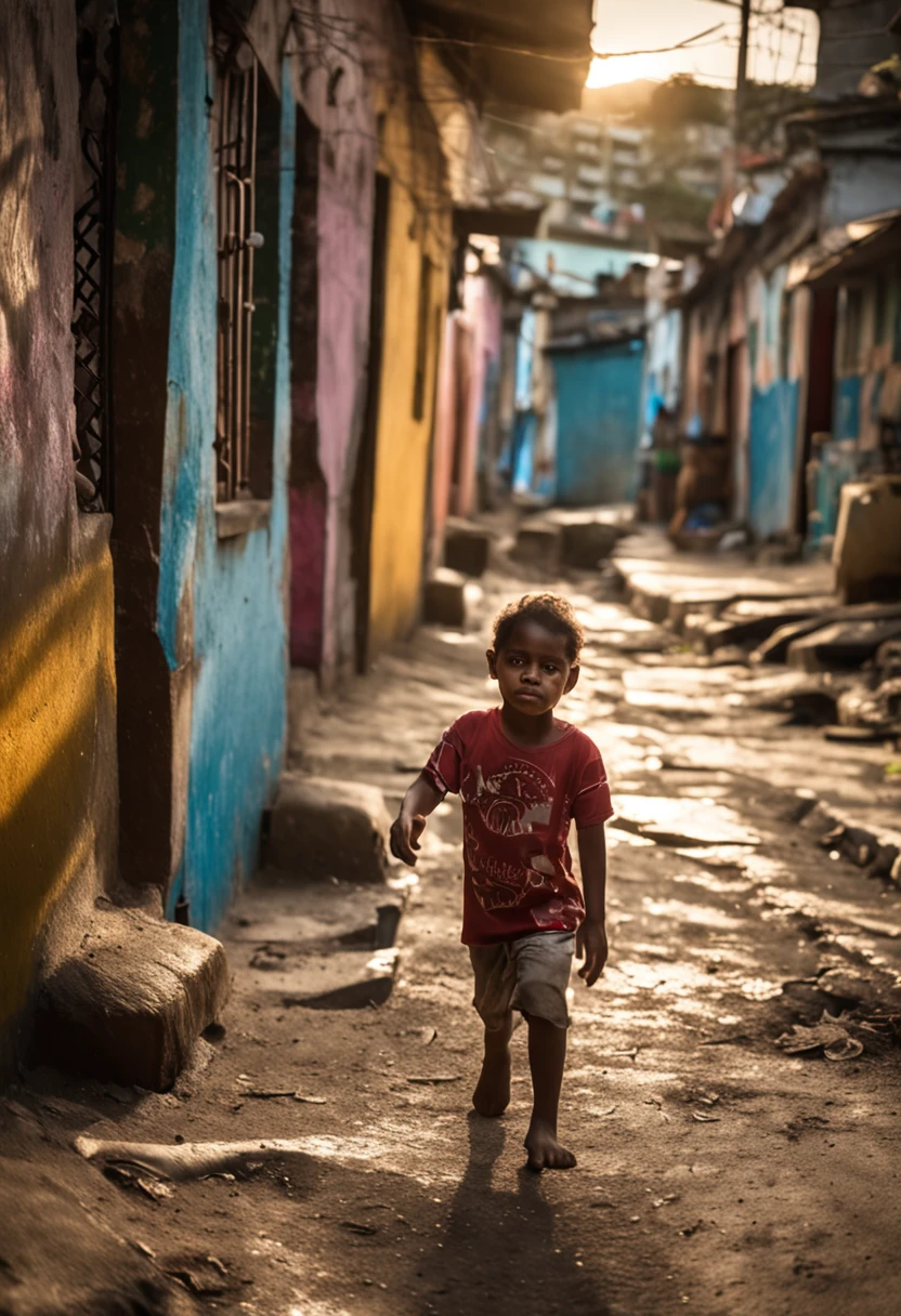 (obra prima), melhor qualidade, rosto perfeito, Olhos expressivos, (Estilo Modelshoot), Children playing in a favela,Ultra realista, 8k UHD, DSLR, Dramatic Rim light, alta qualidade, Fujifilm XT3