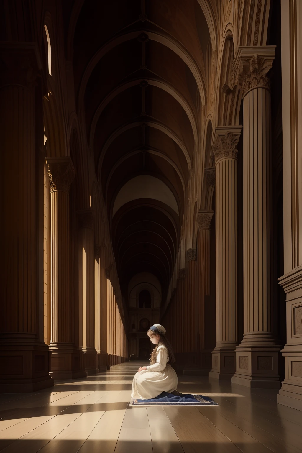 Em 1890, A young girl is on her knees inside a beautiful Italian cathedral, foto realista perfeita, Cinematic details, foto realista