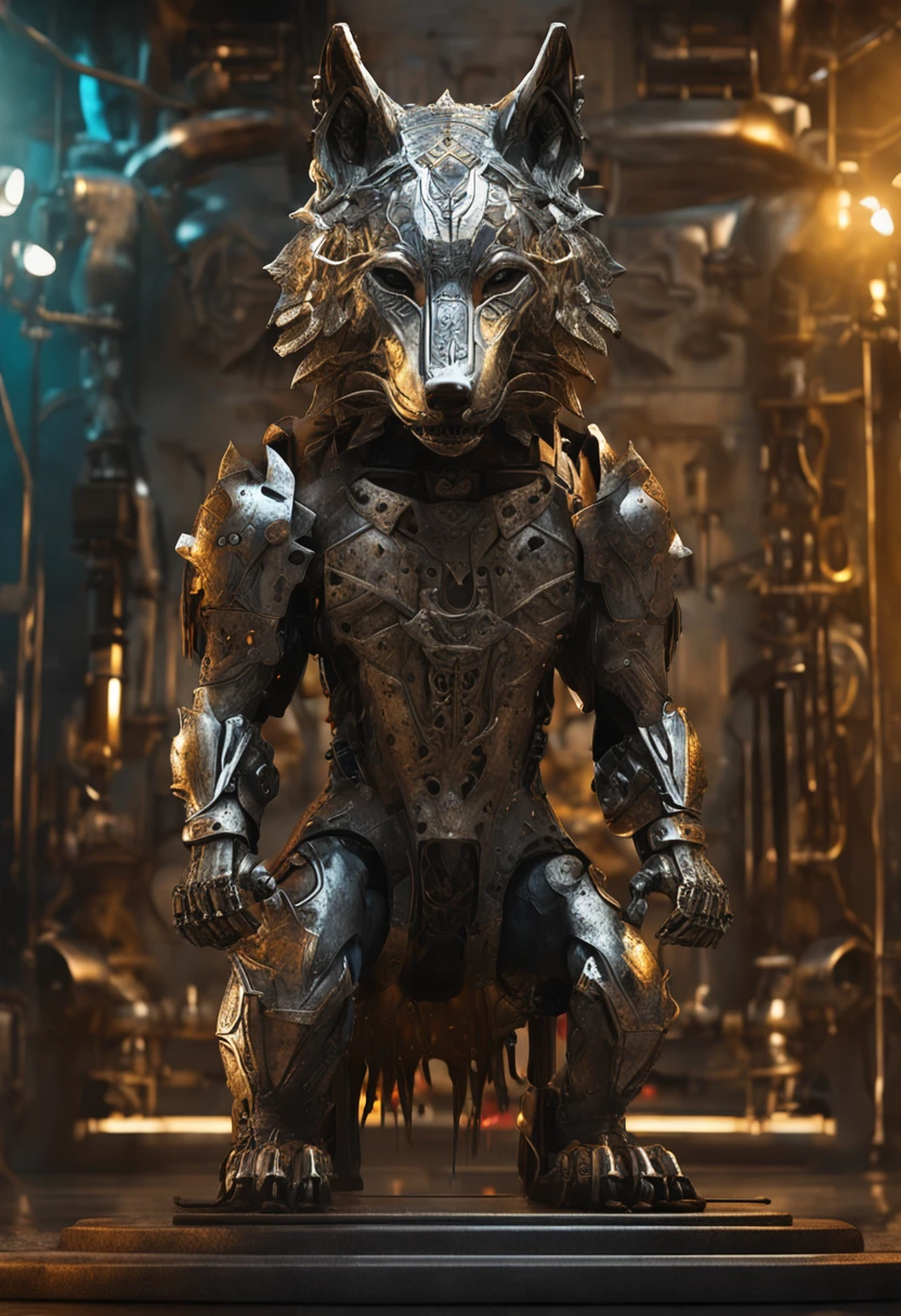 maximum quality, Dramatic lighting, menacing pose, fierce expression, epic atmosphere, (((wolf head shaped helmet))), (((full body shot))),a wolf made out of metal, cyborg, cyberpunk style, clockwork, ((intricate details)), hdr, ((intricate details, hyperdetailed)), incandescent lamps, cinematic shot, vignette, bokeh effect beckground, (canines), (full body shot).