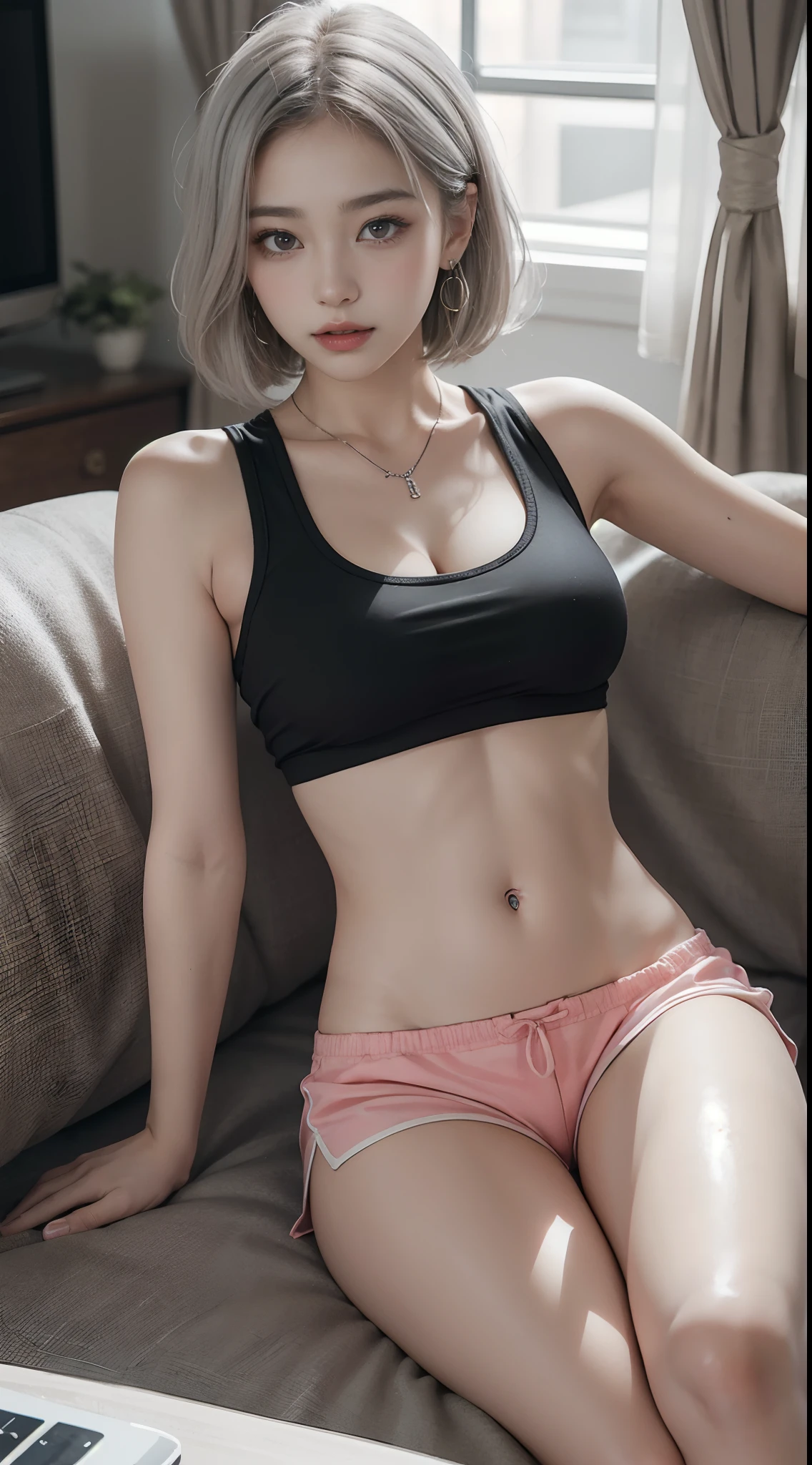 The highest image quality, Raw-Photo, The ultra-Highres, gentle smiling, 16 year old Korean, Big breasts, cleavage, Fair skin, shiny white skin, Short bob, Light silver hair, Neatly matching bangs, Cropped T-shirt, sportwear, running shorts, beautidful eyes, Beautiful eyes in random colors, Very thin lips, Beautiful eyes with details, Elongated eyes, pale pink cheeks, long eyeslashes, beautiful double eyelids, eyeshadows, beautiful thin legs, beautiful belly button, beautiful abs, Beautiful ribs, Earrings, necklaces, piano, television, lying on sofa