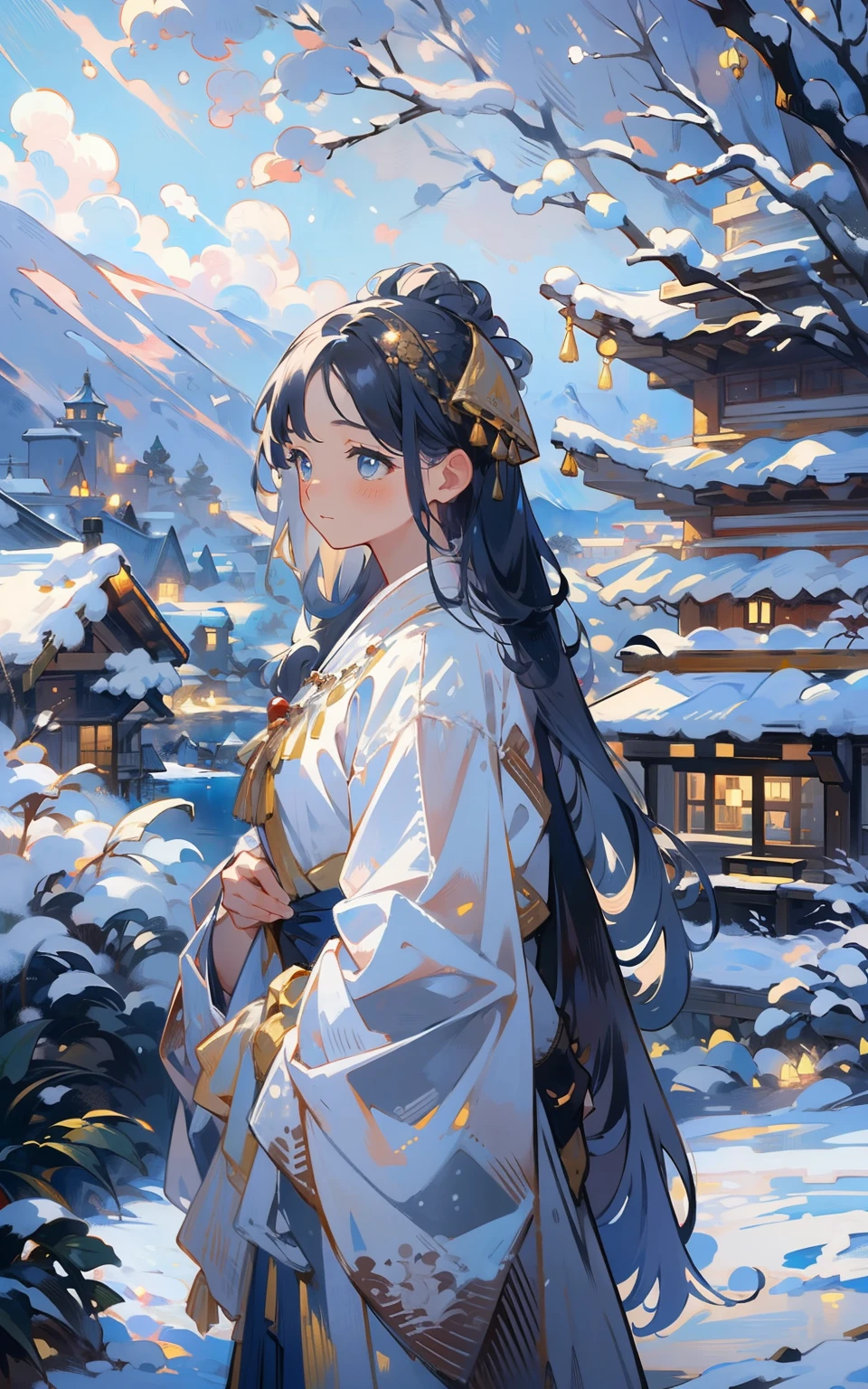 Muxue Wonderland ancient style girl: In a snowy wonderland,Antique girl in gorgeous traditional costume,Her long hair is embellished with silver hair ornaments,The eyes reveal simplicity and mystery。She stood on a snowy hillside,Surrounded by ancient buildings and snow-capped landscapes,The whole scene is full of tranquility and antiquity