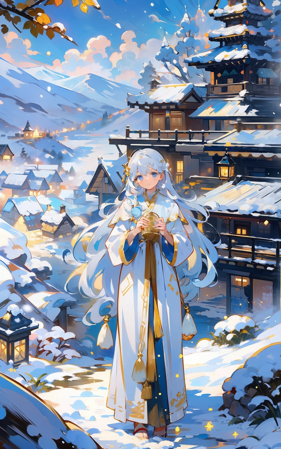 Muxue Wonderland ancient style girl： In a snowy wonderland，Antique girl in gorgeous traditional costume，Her long hair is embellished with silver hair ornaments，The eyes reveal simplicity and mystery。She stood on a snowy hillside，Surrounded by ancient buildings and snow-capped landscapes，The whole scene is full of tranquility and antiquity