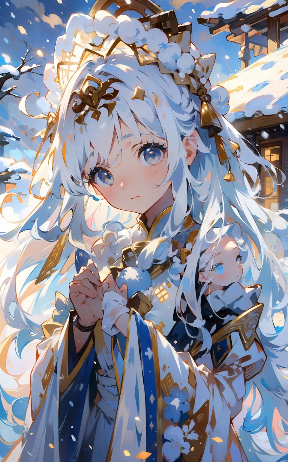 Muxue Wonderland ancient style girl： In a snowy wonderland，Antique girl in gorgeous traditional costume，Her long hair is embellished with silver hair ornaments，The eyes reveal simplicity and mystery。She stood on a snowy hillside，Surrounded by ancient buildings and snow-capped landscapes，The whole scene is full of tranquility and antiquity