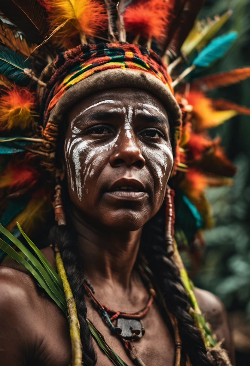 (obra prima), melhor qualidade, rosto perfeito, Olhos expressivos, (Estilo Modelshoot), Image of an indigenous protesting against deforestation,Ultra realista, 8k UHD, DSLR, Dramatic Rim light, alta qualidade, Fujifilm XT3