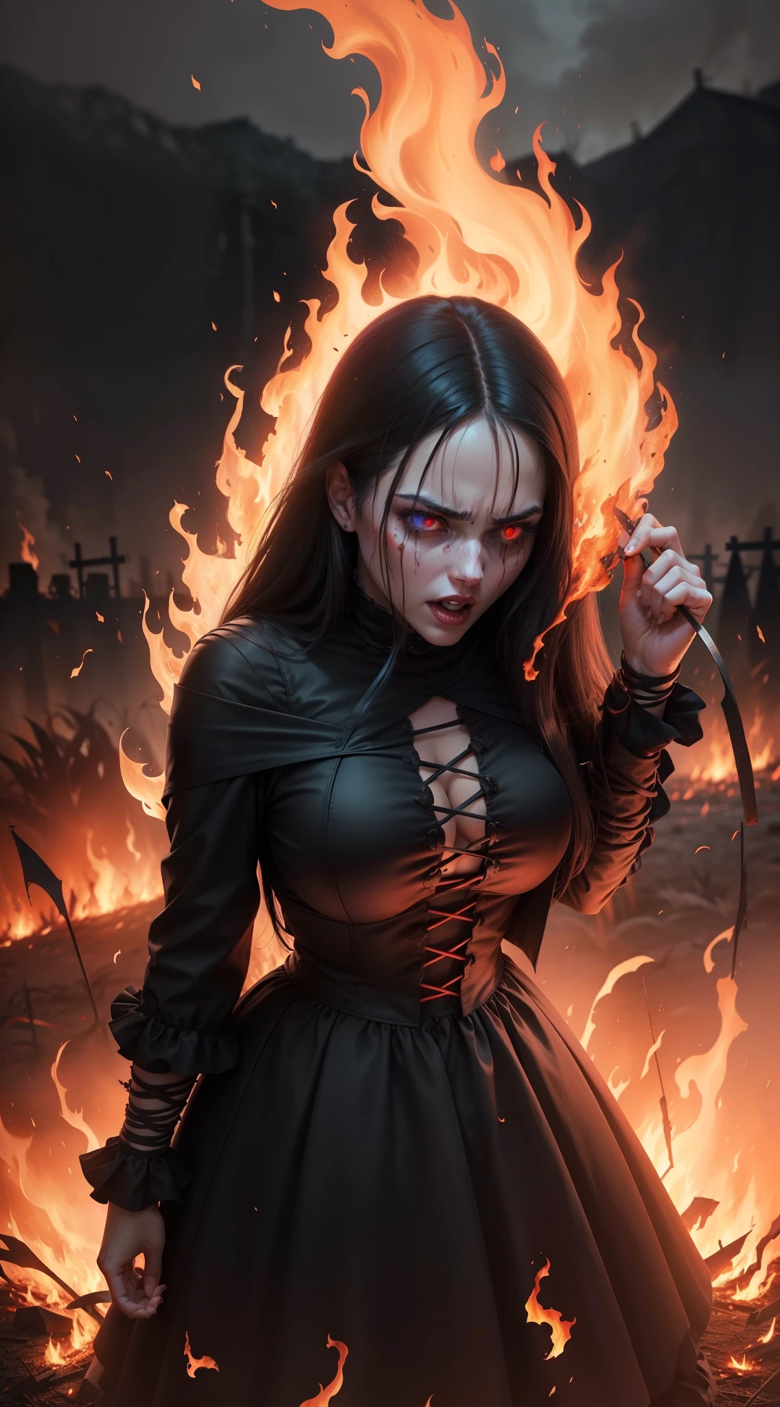 woman with dark hair trapped in fire, on fire, burning witch at the stake, a lot of flames, painful, screaming, hate, night, fall weather, dark, creepy, cornfield, field on fire, rain, demonic, glowing red eyes, horror, scary, gore, 1600s, town, tied_up