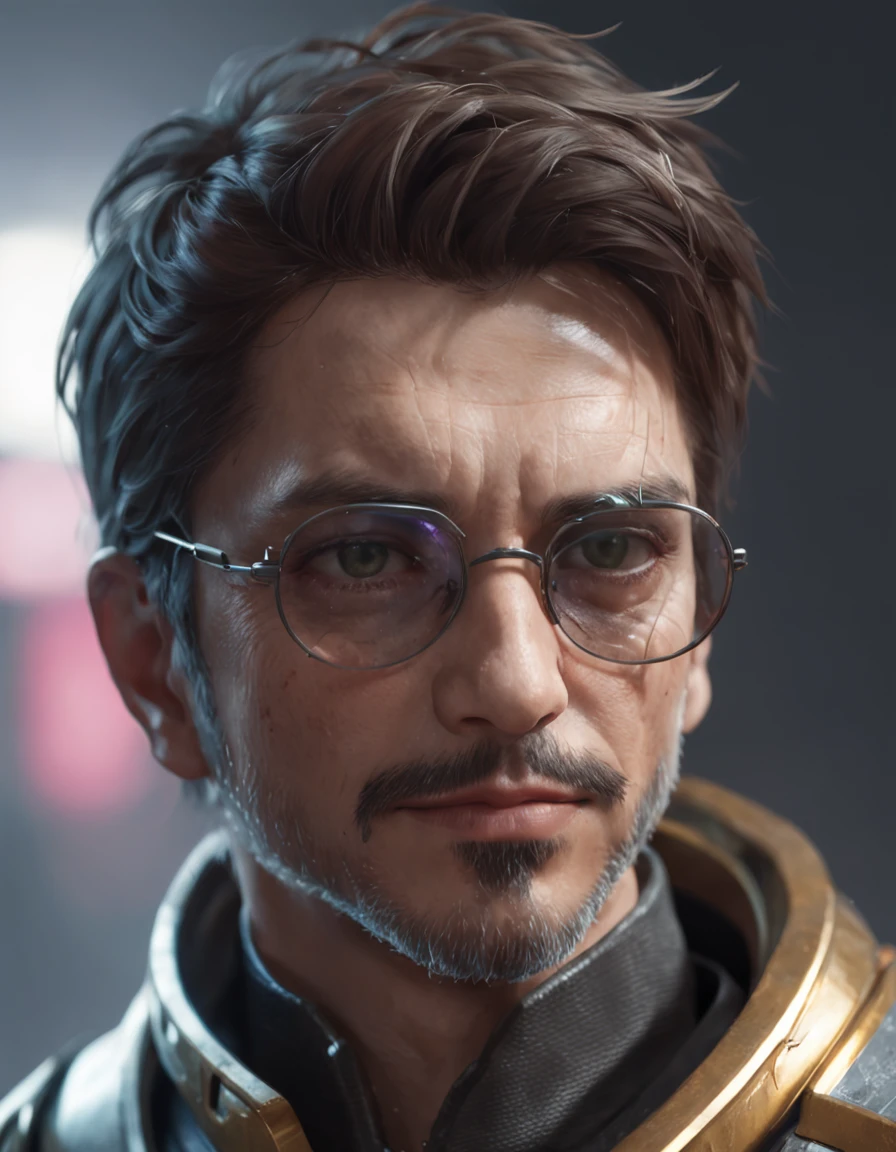 Rosto realista de RPG, cyberpunk sunglasses, ulta realista e moderno, surreal neon, Tony Stark's portrait painting of rpg champion, (((robotic jaw))),  fantasia, universo,traje futurista robotico, cabelo muito detalhado, olhos muito detalhados, rosto jovem e alegre, [elden ring|d & d] concept art, retrato rpg, octane rendering, cinematic lighthing, (sombra suave:1. 2), close up, profundidade de campo, splash art, artwork by wlop e, greg rutkowski, (extremely detailed CG unit 8k wallpaper ), trends on artstation, trends in CGSociety, alto detalhe, foco nítido, dramatic, fotorrealista::n_style drawing, Low quality imperfection, doll, game, anime