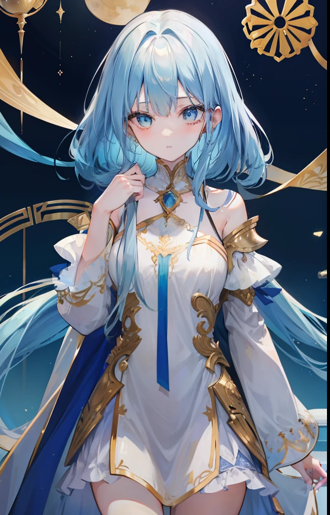 Long light blue hair,Deep golden pupils,Silk dress,A sweet girl