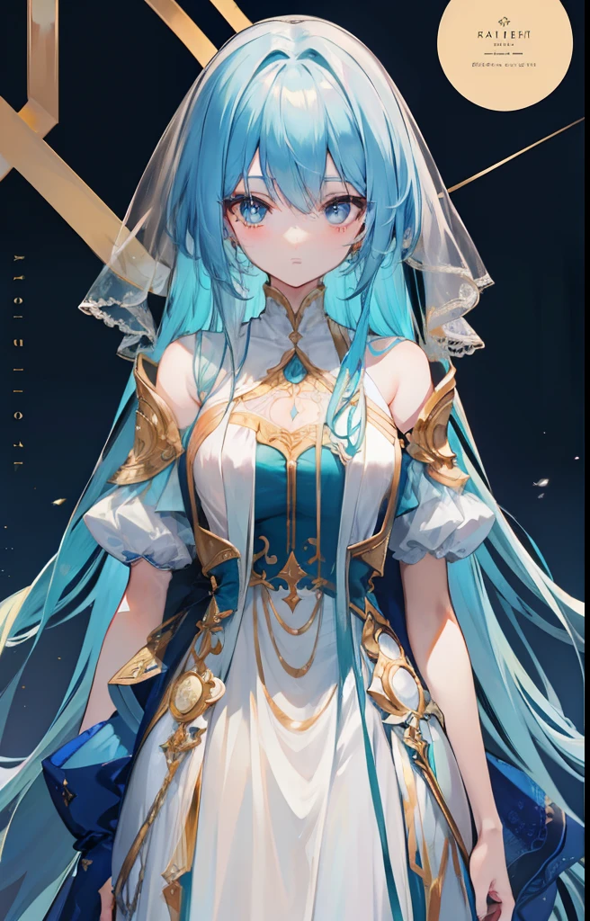Long light blue hair,Deep golden pupils,Silk dress,A sweet girl