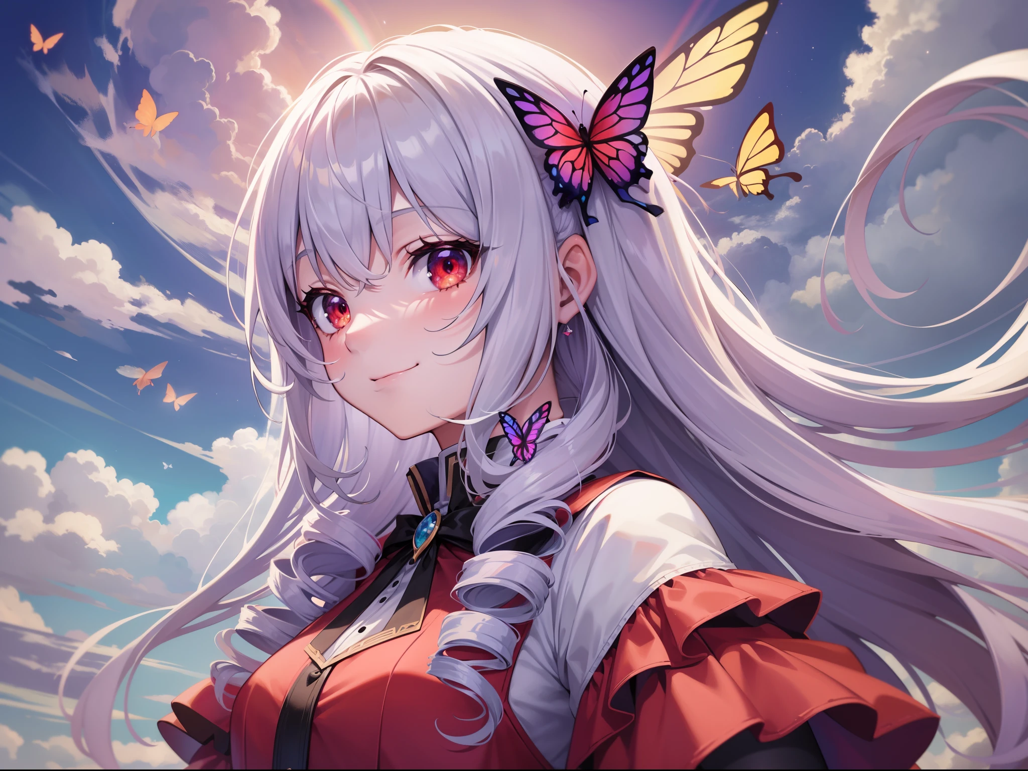 one-girl, On the white clouds, Sea of Clouds, rainbowing, white color hair, red color eyes, Princess dress, long hair, bangs, drill hair, butterfly hair ornament, smile, anime style, 8k, ccurate, masterpiece, super detail, best quality