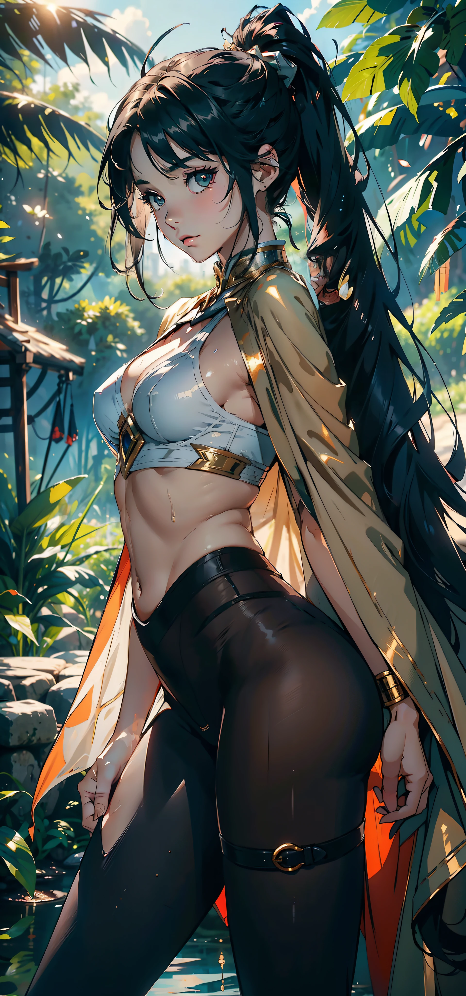 1female,,bit girl,super adorable,Small chest Thin waist,long leges,Buttock augmentation,Pornographic exposure, 独奏,(Background with:hilltop,the rainforest,in summer,Standing water on the ground,exteriors) Feel free to hairstyle,Stride,Sweat profusely,drenched all over the body,seen from the front,Long black hair , mostly cloudy sky,(((tmasterpiece),(Very detailed CG unity 8K wallpaper),best qualtiy,cinmatic lighting,detailed back ground,beatiful detailed eyes,Bright pupils,(Very fine and beautiful),(Beautiful and detailed eye description),ultra - detailed,tmasterpiece,)),facing at camera,A high resolution,ultra - detailed)nakeness,Wipe off panties,revealing breasts,Bare genitalia, Bulge,Camel toes,Raised sexy,Embarrassed expression,Flushed complexion,Open-mouthed,frontage,Gold Saint Seiya(Wearing:Red cape,Black pantyhose)