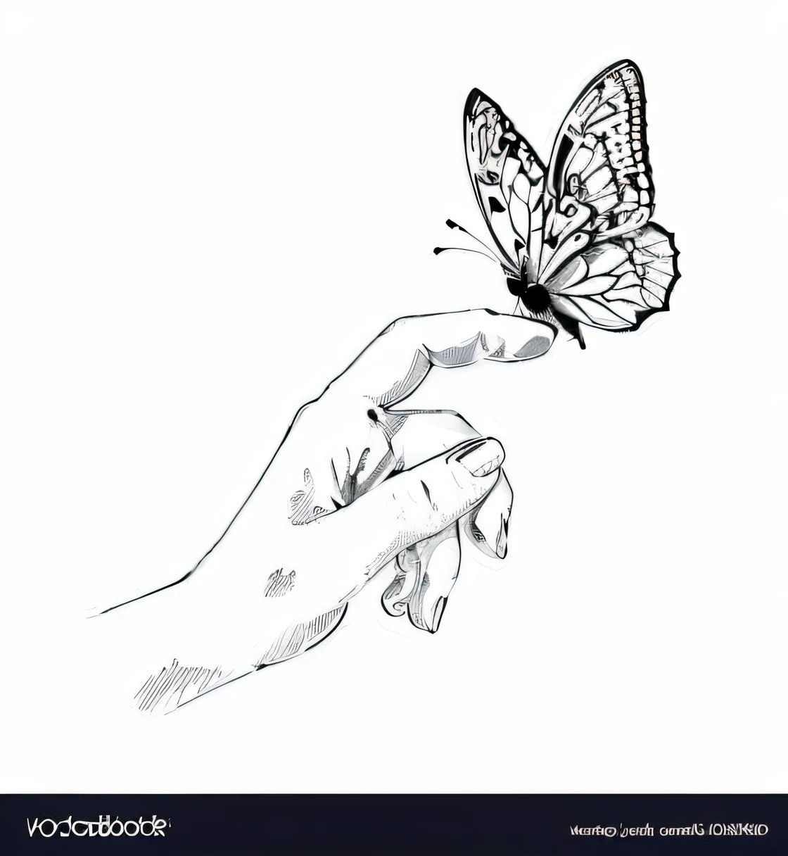 Hand with butterfly on white background vector, sketch black and white colors, hand drawn illustration, high quality sketch art, high quality sketch, womans hand, estilo de desenho tradicional, outlined hand drawn, Highly detailed sketch, hand drawing, detalhado realista bonito, sketch illustration, desenho elegante, hand draw, borboleta, artistic drawing, Harmonia da borboleta, Highly detailed illustration