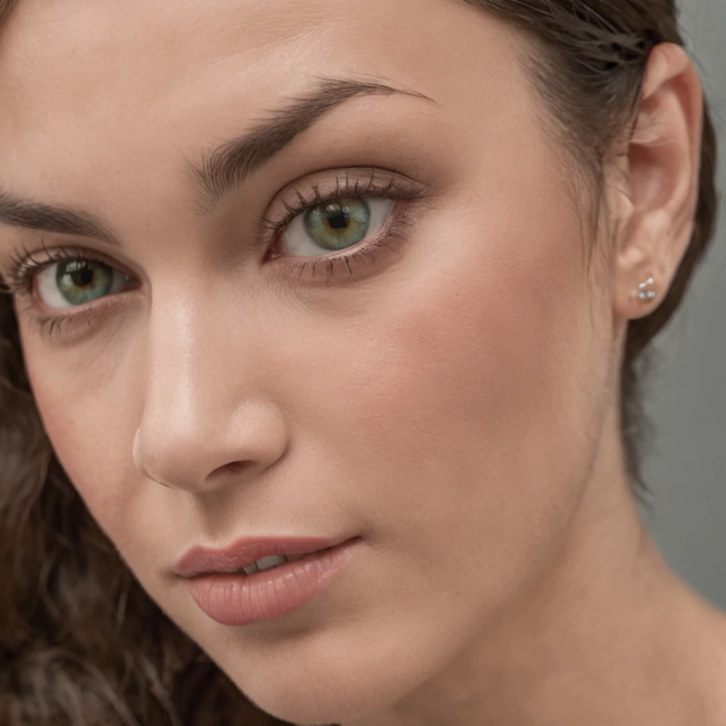 melhor qualidade, foto realista, 4k, linda garota morena, olhos verdes, rosto lindo perfeita, peito pequeno, pele clara,::n_feia, Mutations, ugly hands, texto,