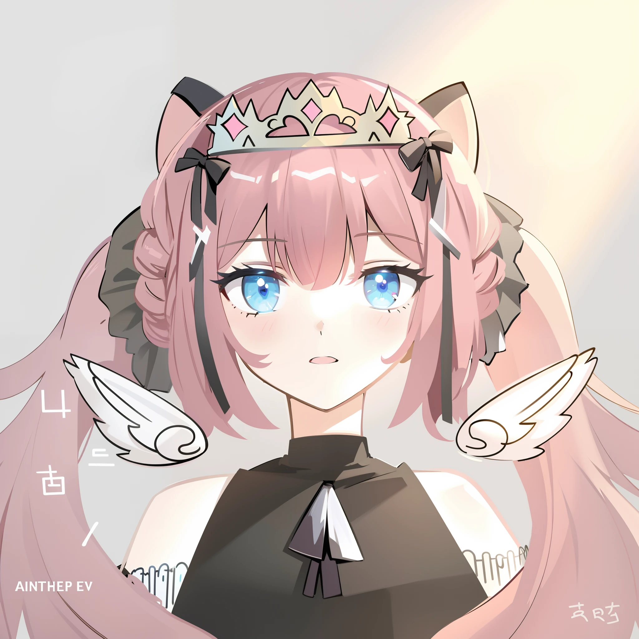 A pink-haired,cat ear,eBlue eyes,wings,tiara crown