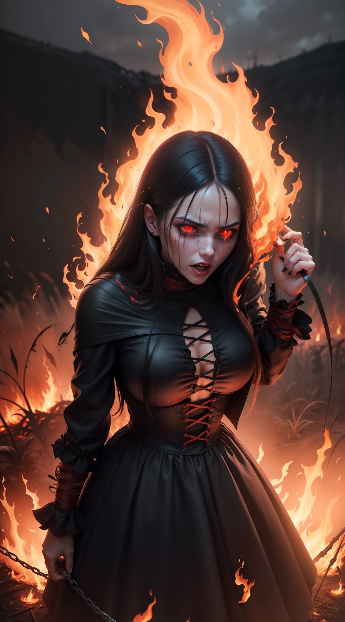 woman with dark hair trapped in fire, on fire, burning witch at the stake, a lot of flames, painful, screaming, hate, night, fall weather, dark, creepy, cornfield, field on fire, rain, demonic, glowing red eyes, horror, scary, gore, 1600s, town, tied_up