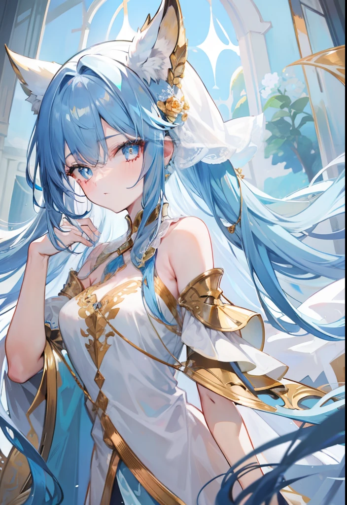 Long light blue hair,Deep golden pupils,Silk dress,A sweet girl