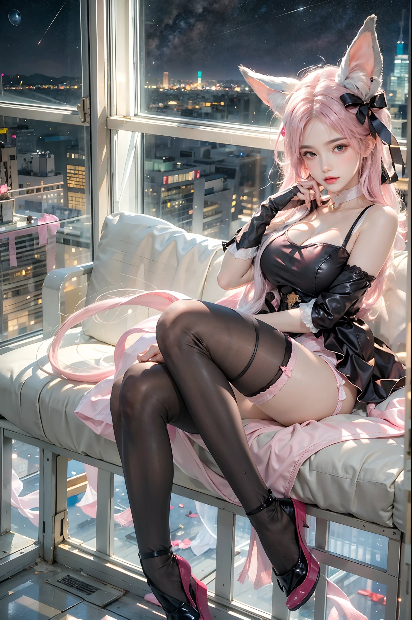 soft lighting, 1woman, solo, sitting, (starry sky, night, city),(pink legwear:1.2),thigh highs,pink garter,(huge_breasts:1.4), fox ears, (subsurface scattering), long hair, pink leotard,highleg leotard, frilled leotard, pink trim,black sofa, messy hair, pink hair, elbow gloves, transparent clothing, window, bookshelf, lace neck garter,white bows,pink ribbons