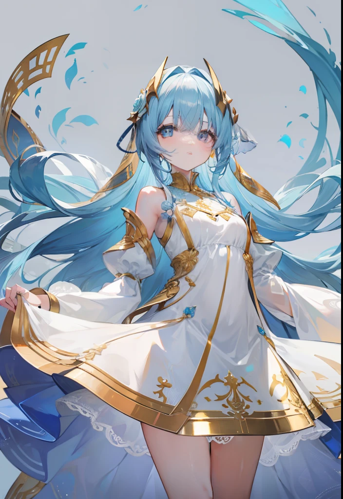 Long light blue hair,Deep golden pupils,Silk dress,A sweet girl