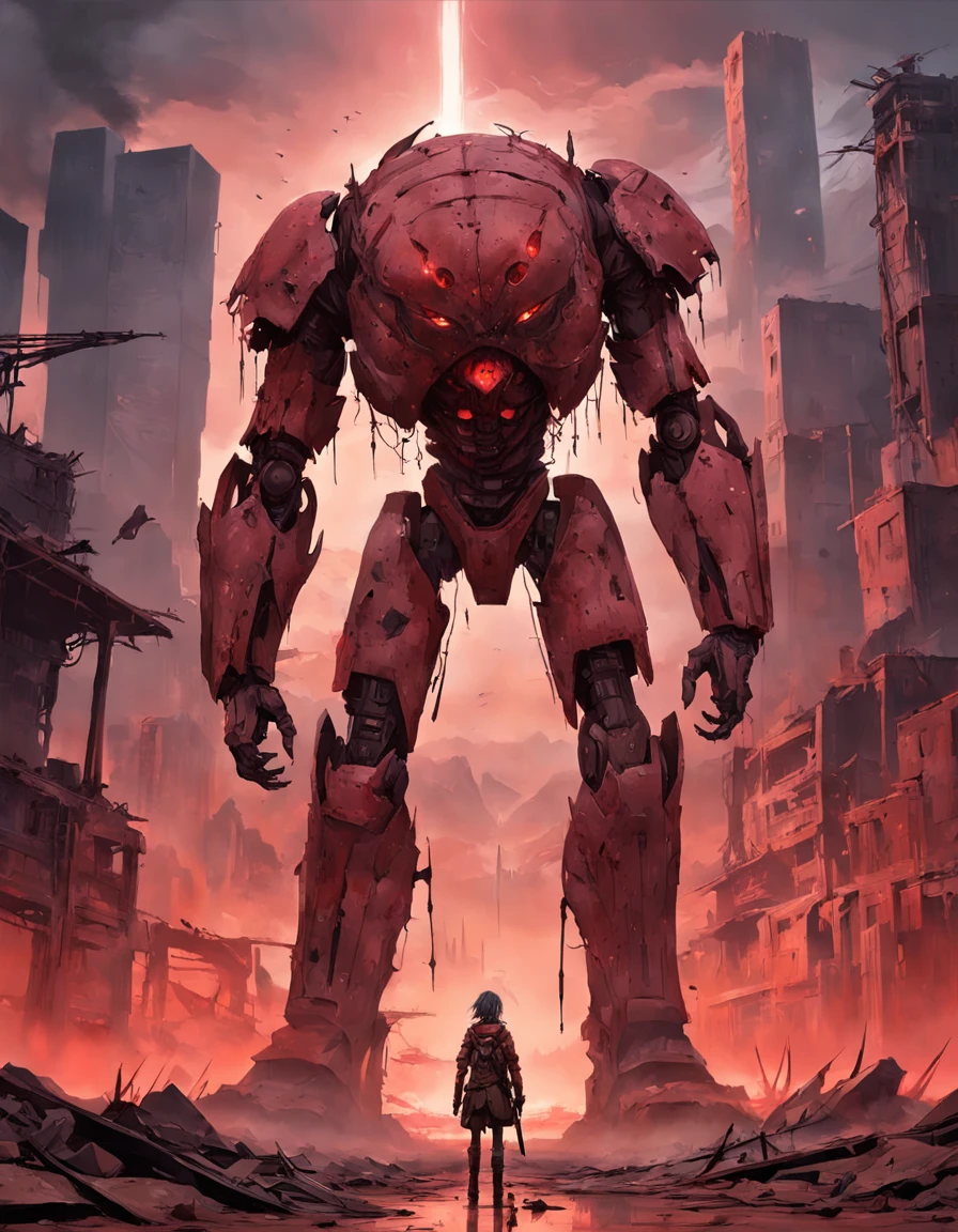 In a post-apocalyptic wasteland, the mind-bending meatloaf entity cyborg stands against a blood-red sky, its form a blend of twisted metal and grotesque flesh, a symbol of technological corruption. The environment is a barren desert, with cracked earth and shattered remnants of civilization scattered around. The atmosphere is suffused with a sense of dread and hopelessness, as if the world itself is on the brink of collapse. The style is a dramatic digital painting, using bo