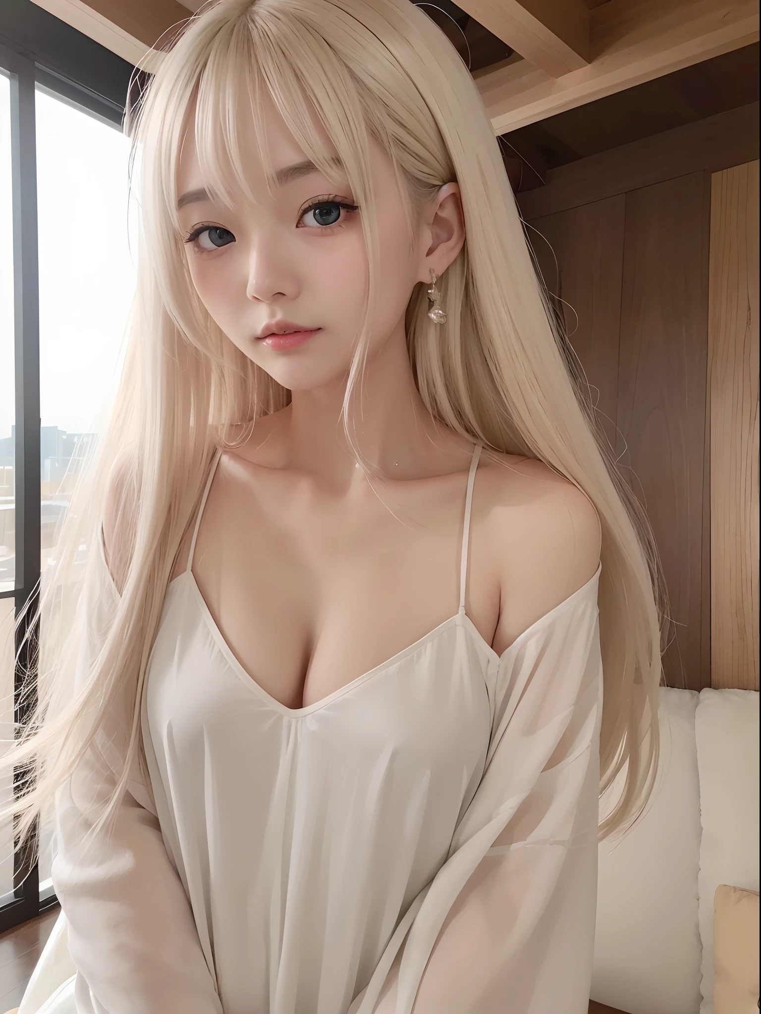 Light smile、natta、Raw photography、(((Portrait of extreme beauty)))、((glistning skin))、1人、20 year old beautiful girl in Prague、bright expression、((Natural platinum blonde hair))、[Big blue eyes that shine like jewels]、Glossy glossy skin、Silky long straight hair、eye liner、Beautiful bangs、Hair between the eyes、((​masterpiece、top-quality、ultra-detailliert、Film Light、intricate-detail、hight resolution、ighly detailed))、细致背景、8KUHD、Digital SLR、Soft light、hightquality、Film grain、FujifilmXT3 、Shallow depth of field、natural soft light、（No hands）、Kamimei、