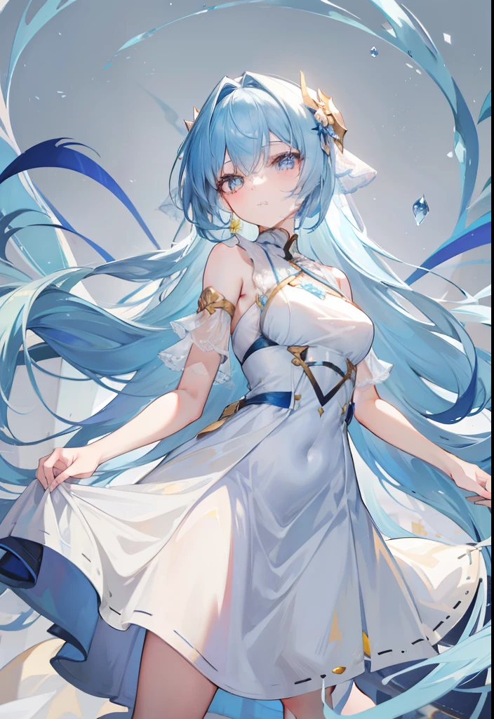 Long light blue hair，Deep golden pupils，Silk dress，A sweet girl