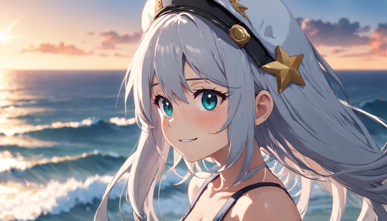 Beautiful girl standing by the sea, Look sideways, Wore a visor hat, The picture is open, silver hair, mole under mouth, star-shaped pupils, smile, raised eyebrow, head wreath, ahoge, hair one side up, expressive hair, hairpin, oral invitation, anime style, cinematic lighting, viewfinder, panorama, 4K, highres, best quality