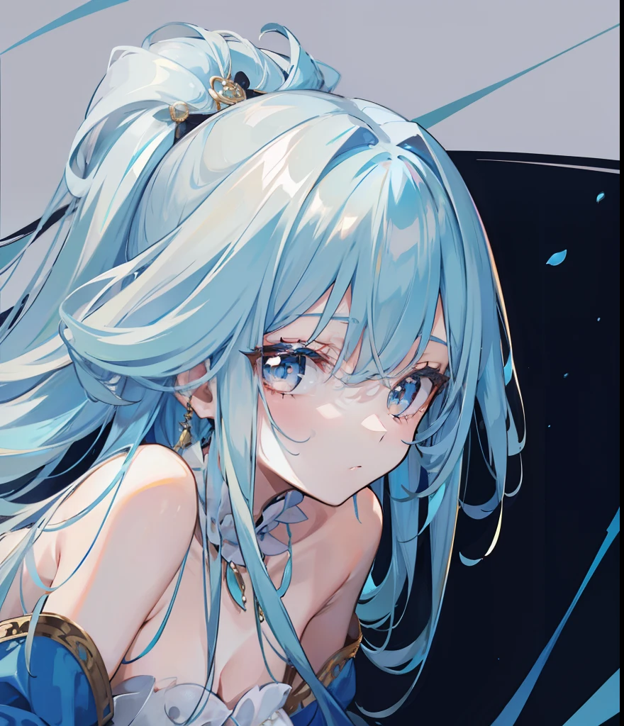 Long light blue hair,Deep golden pupils,Silk dress,A sweet girl