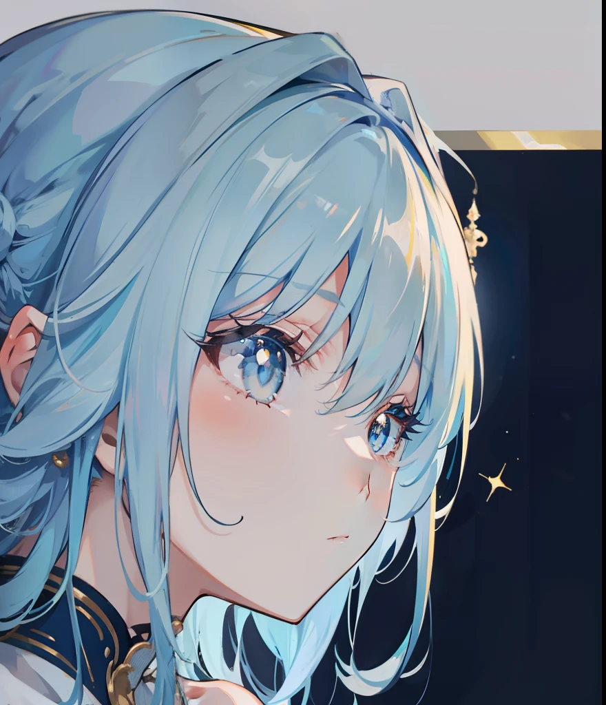 Long light blue hair,Deep golden pupils,Silk dress,A sweet girl