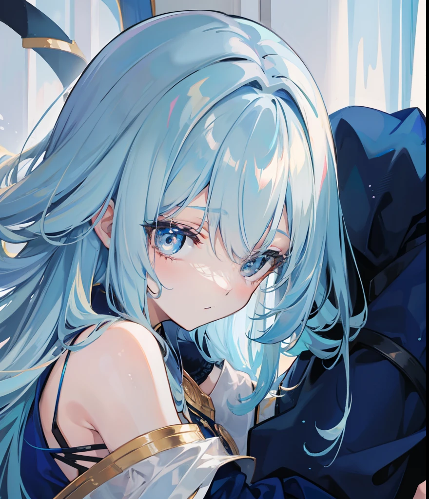 Long light blue hair,Deep golden pupils,Silk dress,A sweet girl