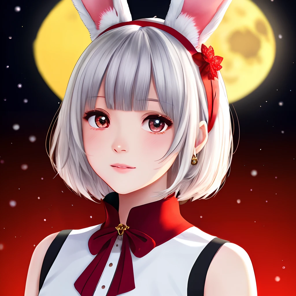 masterpiece, best quality, full_moon, in winter, best quality,extremely detailed CG unity 8k wallpaper, girl, solo, medium hair, white hair, crossed bangs, blunt bangs, hair flower, hair ornament, red hairband, cute face, light blush,bunny ears, red eyes, medium breasts, white thighhighs, tabi,🐰,red clothes,ankle socks,The bell hangs in the middle of the neck,New Year Tang costume,stand up,archer,Plum background,