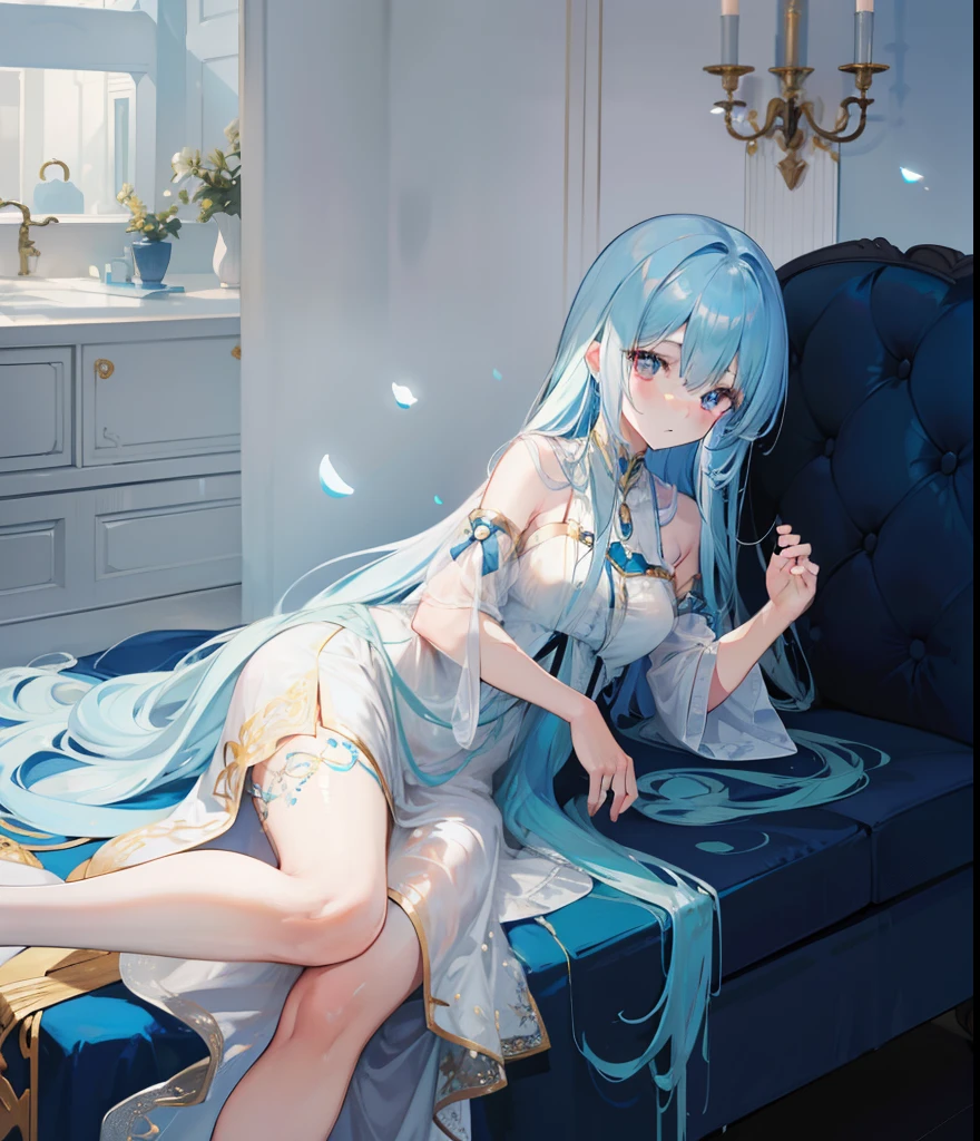 anime - style image of a woman with blue hair and a blue and white dress, extremely detailed artgerm, trending on artstation pixiv, artgerm on artstation pixiv, 8k high quality detailed art, anime artwork,((elf ears)), ((long hair)), ((micro panties)), ((full body)),(sitting on bed), (one girl), (((topless))), , ((visible private parts))