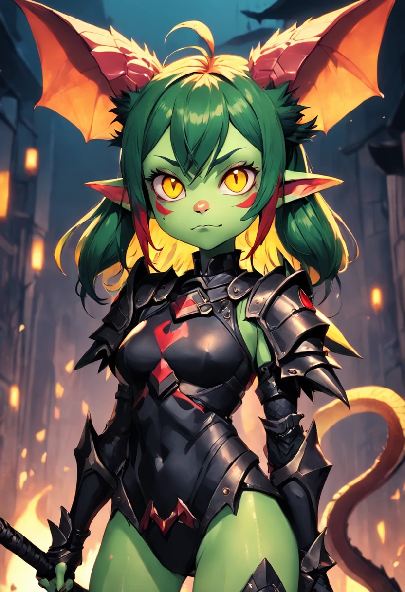 "(Dark fantasy) Gremlin girl with a bat-like face and ears. She has green skin and fur, red hair, and yellow snake eyes. She wears stick armor. Thumbs up."