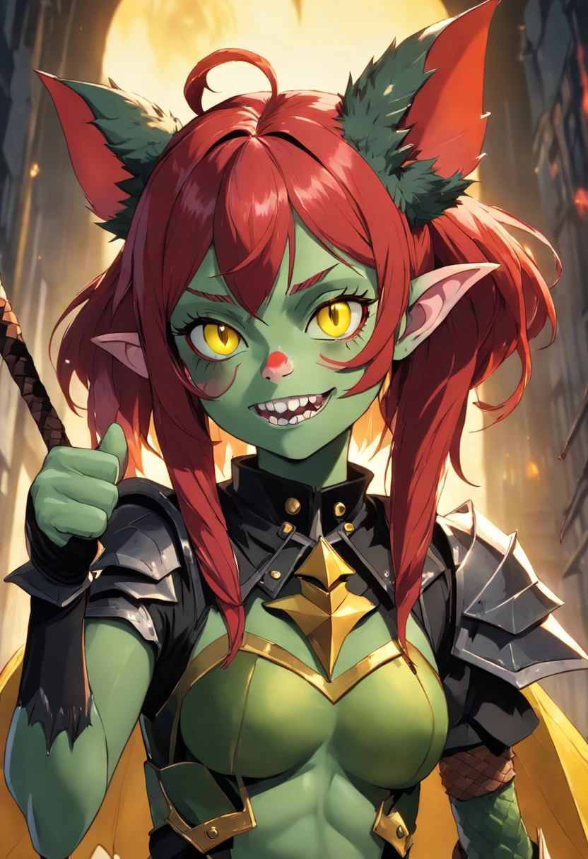 "(Dark fantasy) Gremlin girl with a bat-like face and ears. She has green skin and fur, red hair, and yellow snake eyes. She wears stick armor. Thumbs up."