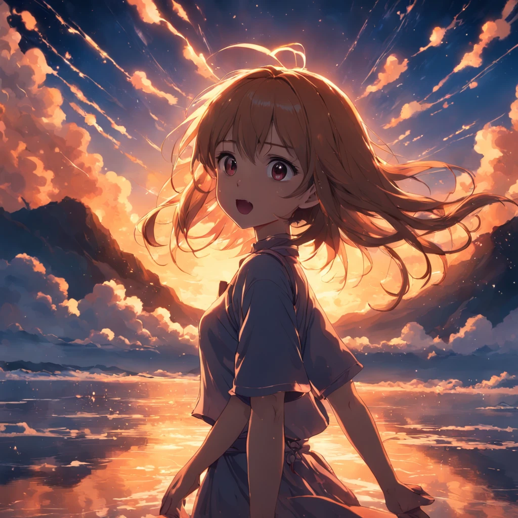 obra-prima, melhor qualidade, filme ainda, , garota andando nas nuvens, floating into the sky, close-up, brilhante, feliz, Soft lighting and Warm, sun sunset, (Sparks: 0,7)