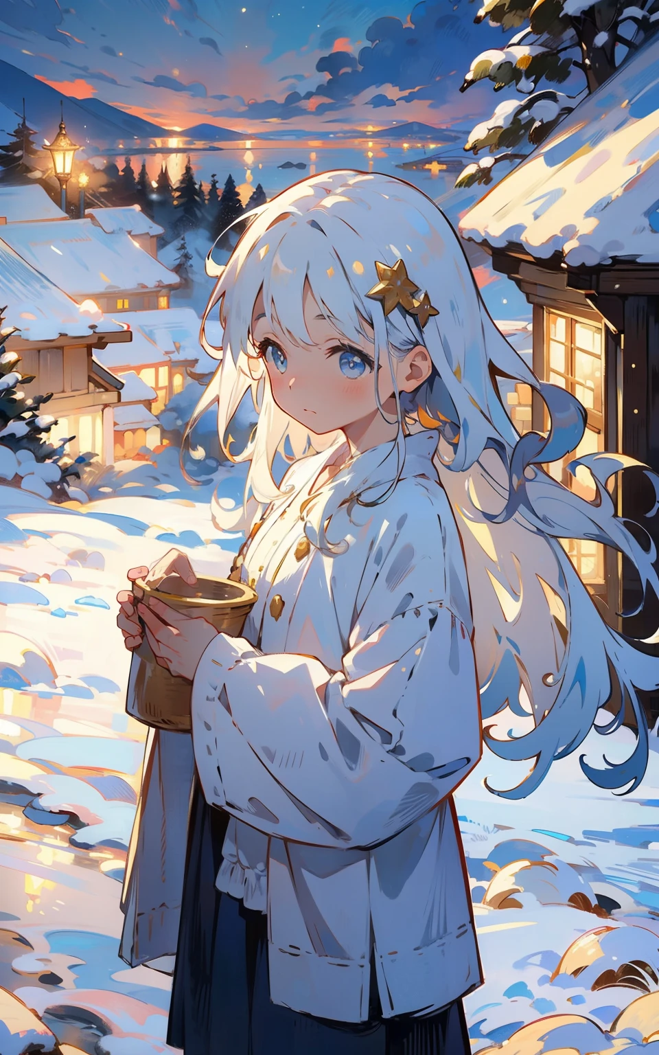 Muxue Wonderland ancient style girl: In a snowy wonderland,Antique girl in gorgeous traditional costume,Her long hair is embellished with silver hair ornaments,The eyes reveal simplicity and mystery。She stood on a snowy hillside,Surrounded by ancient buildings and snow-capped landscapes,The whole scene is full of tranquility and antiquity