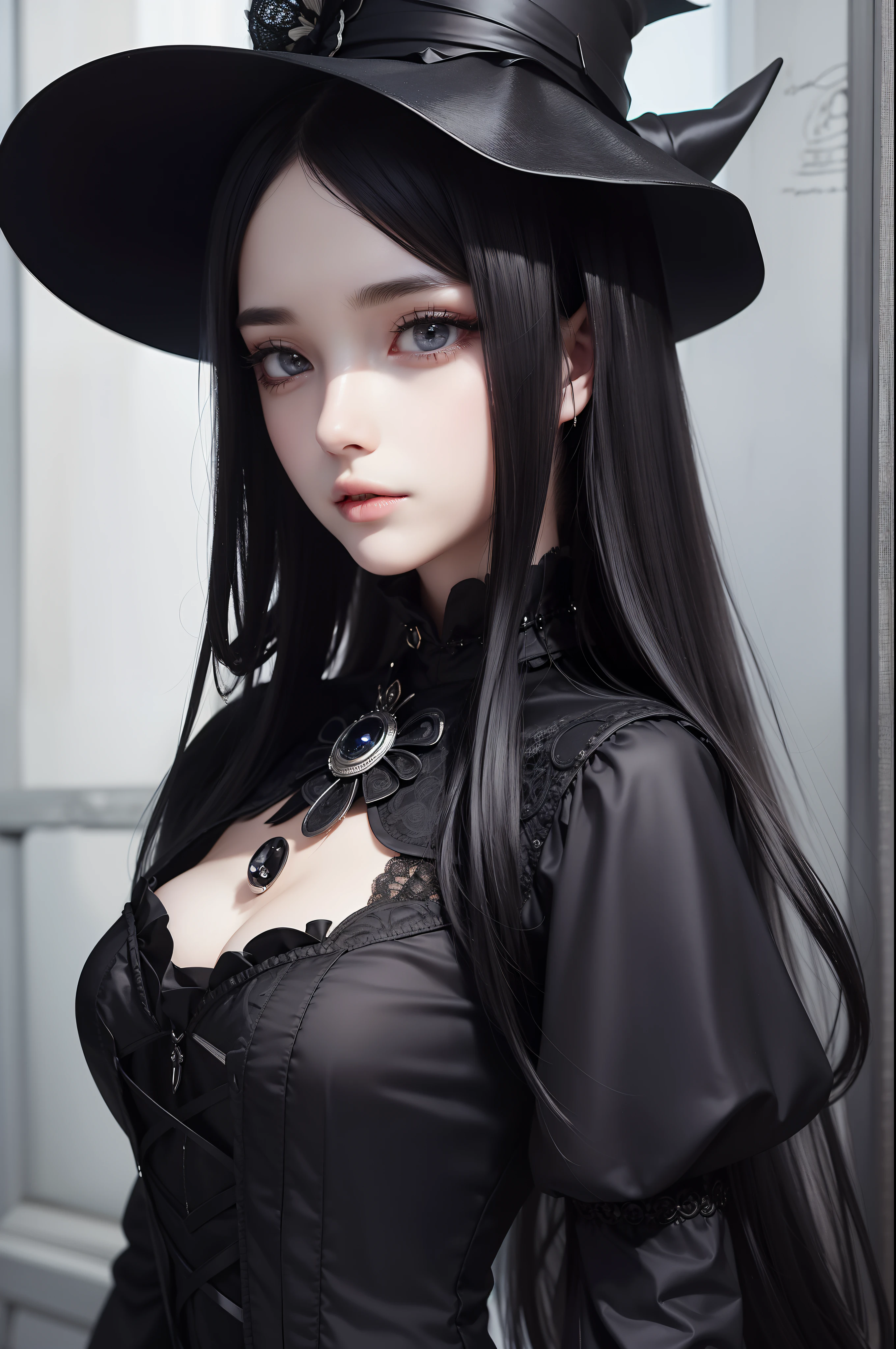 ultra-detailliert, best qualtiy, Raw photo, exquisitedetails, surrealistic,  a beautiful detailed girl,  girl, japanes, Close up portrait of woman in black dress and hat with cane, witch clothing, black gothic lolita dress, fashionable dark witch, victorian gothic lolita fashion, gothic dress, an elegant gothic princess, Dark Witch Headdress, witch clothing, extremely detailed eye and face, beatiful detailed eyes, kawaii, a beauty girl, shinny hair, realistic representation of face（intricate detailes, makeups）, profetional lighting, Cinematic lighting, Slender figure, Smaller chest, Silky Super Long Straight, silber hair, eye liner, Glossy glossy skin