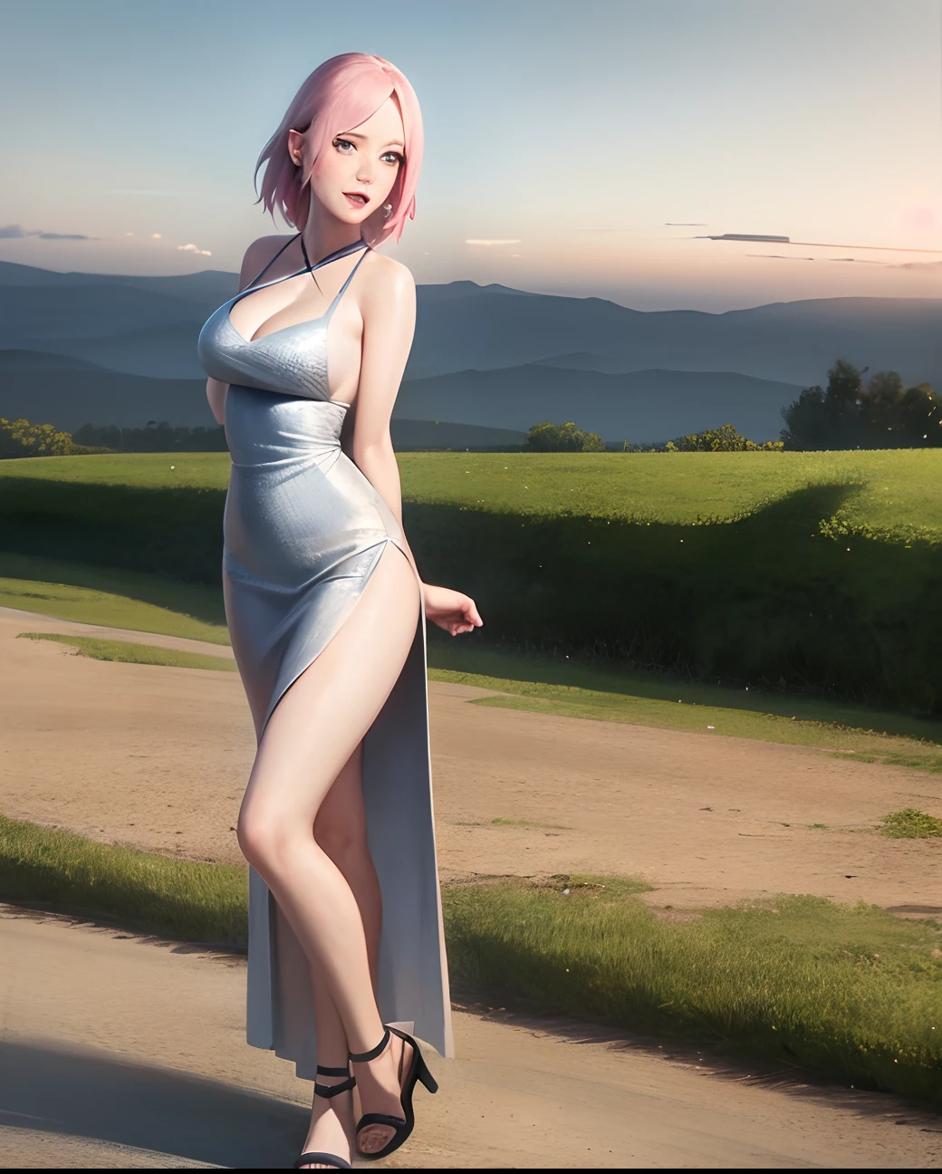 Realistic, Photorealistic,cowboy shot,masterpiece, absurdres ,1girl, haruno sakura, forehead mark, long slit dress,full body,sandals, cleavage,open back,cute,lick cock