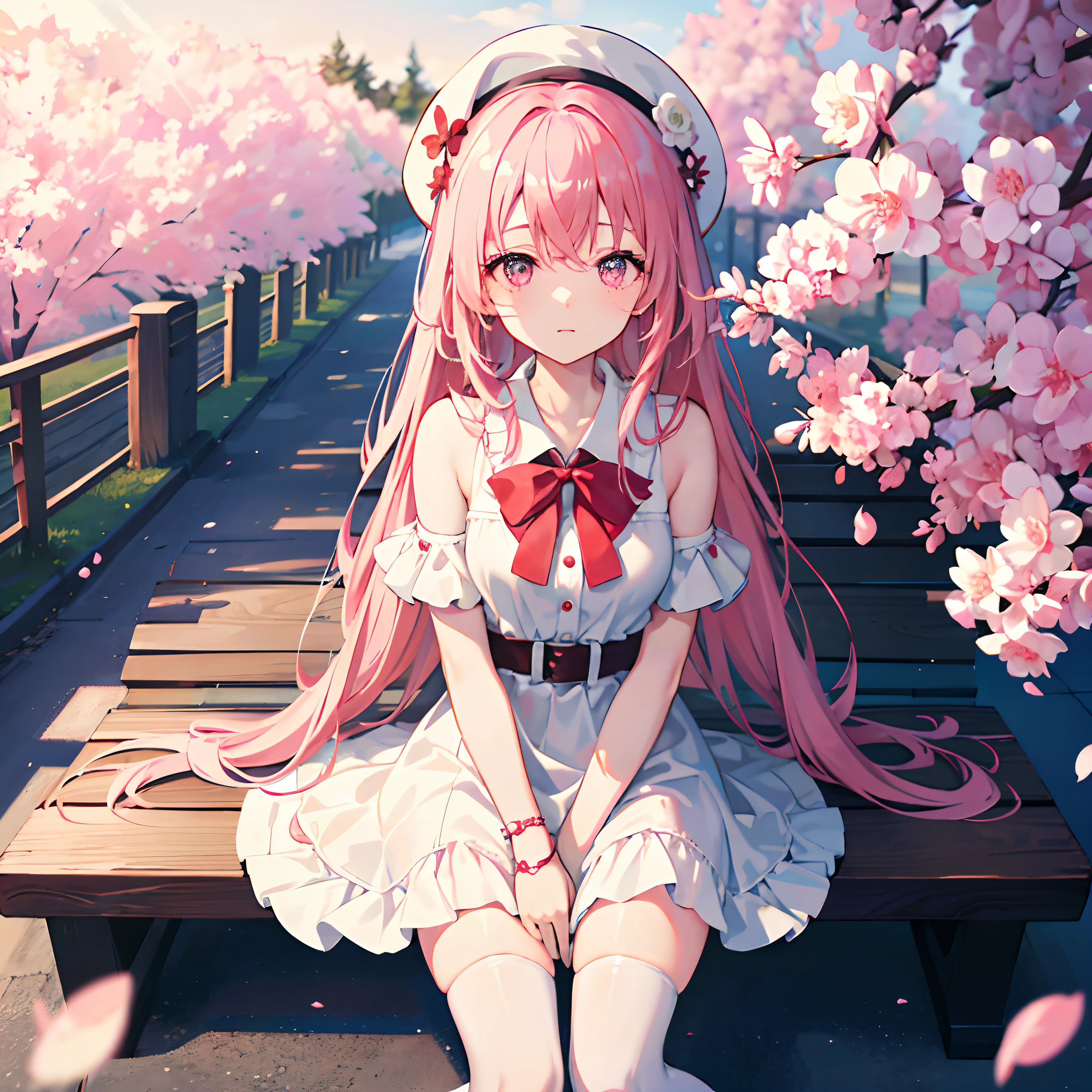 ｛1girll，独奏｝Long cherry blossom pink hair，Floating long hair，Single braid，Tie-up hair on one side，Red bandage，Staggered bangs，White color blouse，Purple eye，White fedora，Short white dress，（shyexpression），sparkle eyes，red bowtie，（White one-piece stockings），Bare shoulders，Colorful petals，the cherry trees，benches，（sportrait：1.2），Asphalt pavement，Carrying a pink school bag，（facial closeups：1.2），（eye closeup：1.2），（solofocus），（Best quality at best），（extremely detaile），（Unique），（Delicate background），（Masterpiece），（Ultra-high resolution），（Very detailed 8k wallpapers），cinmatic lighting，Volumetriclighting，light particules，Face Shadow，（Fine beautiful face and eyes），depth of fields，ssee-through，hdr，Ray traching，dynamic scene，