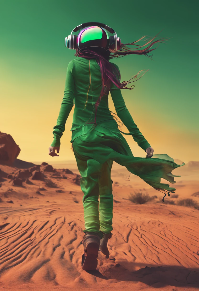 A girl dancing in the Mars desert with long green hair, with a large headset on your head, sorrindo, black sky, planeta terra ao fundo.