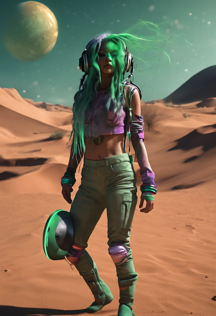 A girl dancing in the Mars desert with long green hair, with a large headset on your head, sorrindo, black sky, planeta terra ao fundo.