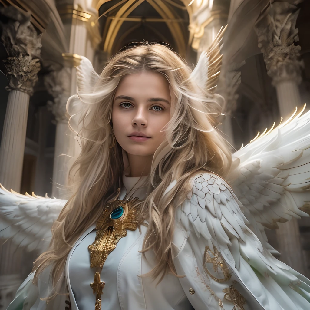 (((SAINT MICHAEL ARCHANGEL. 19 years old))) ((( Con una cara seria y piadosa. Con una mirada dulce y tierna))) (obra maestra, calidad superior, mejor calidad, arte oficial, beautiful and aesthetic: 1.2), (1girl), extremadamente detallado, (Arte fractal: 1.3), colorido, highest detailed, Cara perfecta, parte superior del cuerpo, HDR, (orando: 1.3), (golden lines of white coat: 1.2), galaxia, (rayas de luz), eye-catching visuals, (dynamic stripes, senderos luminosos: 1.2), colores vibrantes,