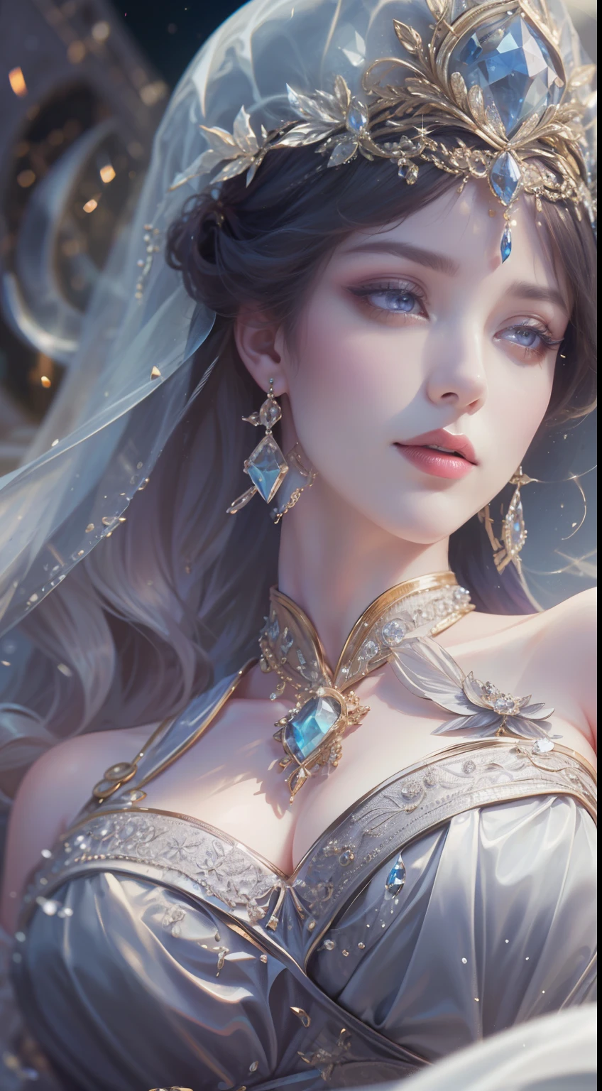 tmasterpiece, High quality content, 8K quality photos with excellent detail, Perfect for presenting an abstract bust of an aristocratic maiden, Delicate curves, Bend hair to create a gorgeous and intricate fabric texture, Pure purple eyes, Delicate flower decoration, Sparkling crystal jewelry, Highly focused and subtle details。